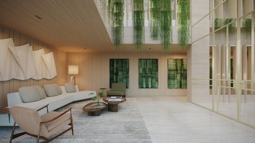 Lobby residencial pé-direito duplo